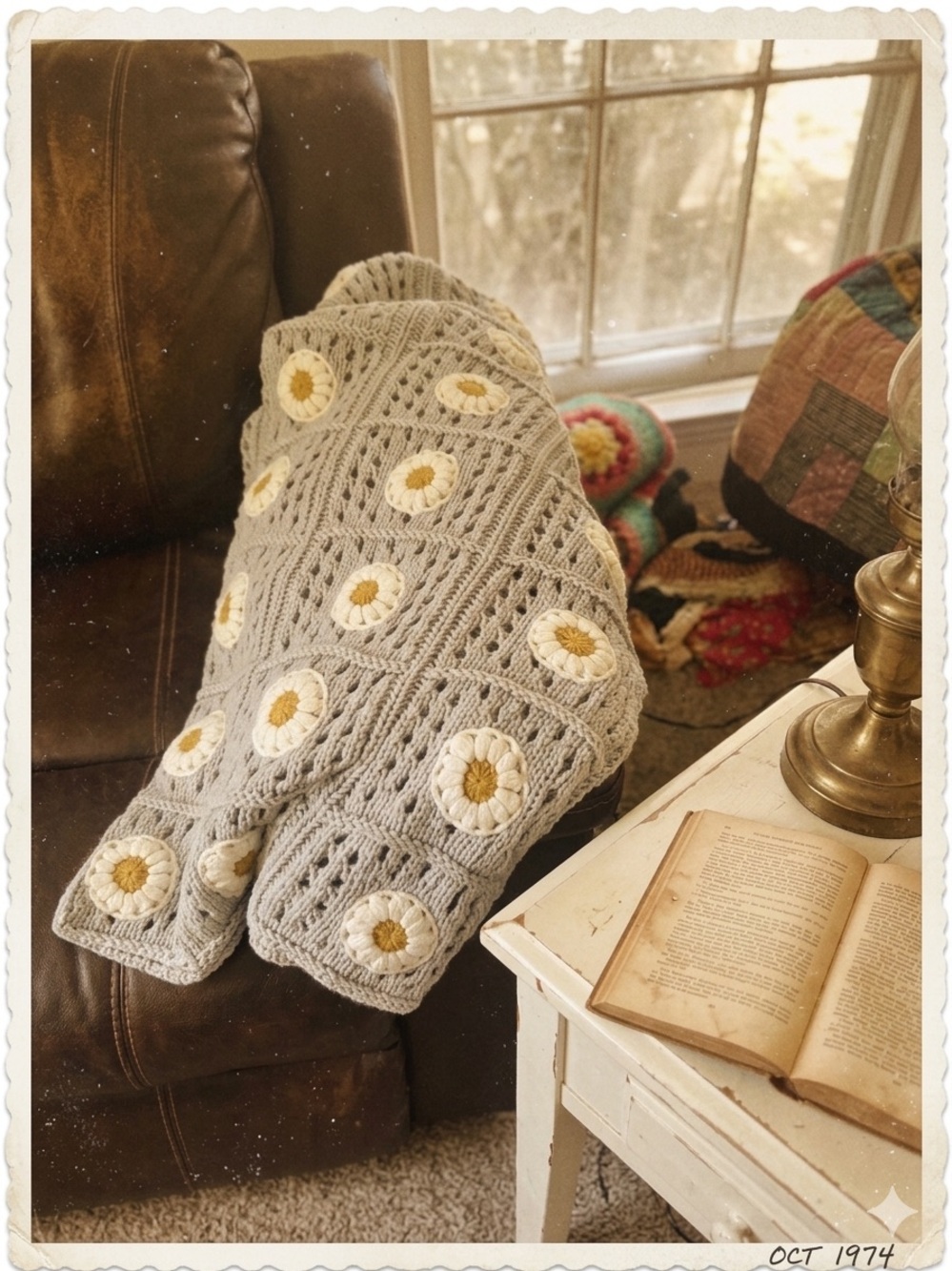 Source Unknown Gray Crochet Throw with White and Yellow Daisy Motifs